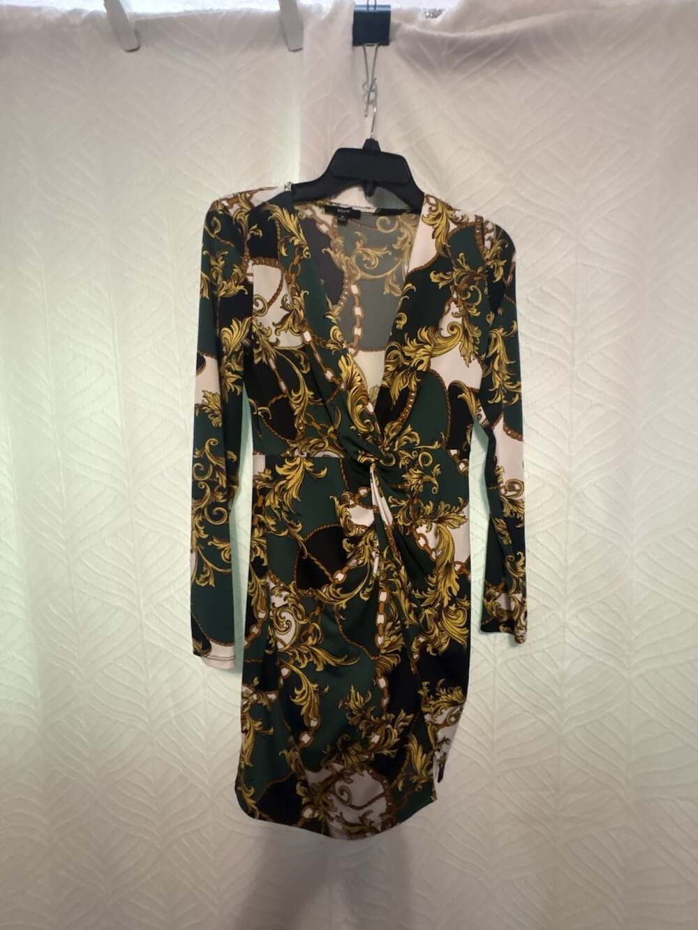 Blashe Green Gold Baroque Chain Print V-Neck Long Sleeve Bodycon Dress Size M